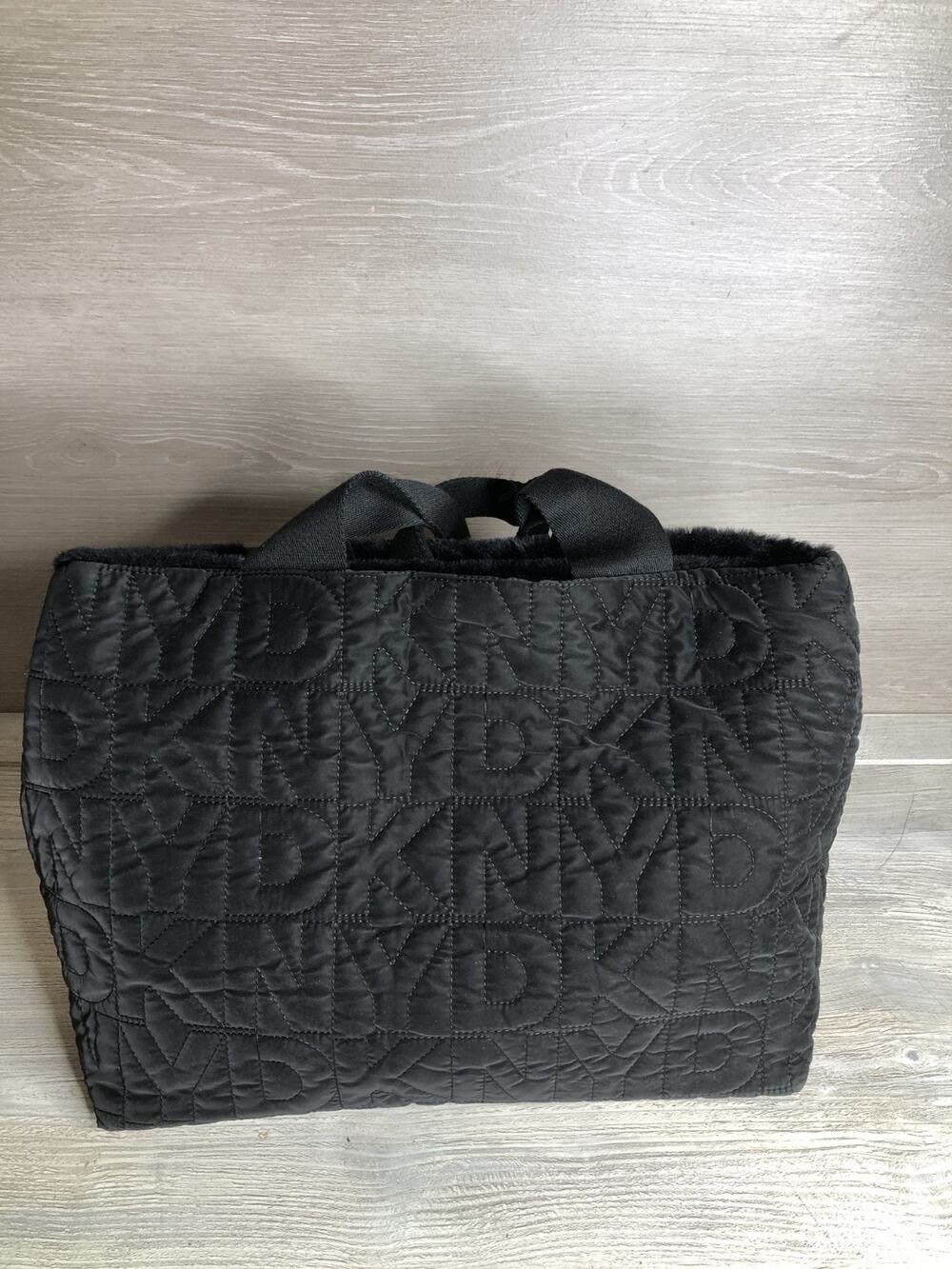 DKNY Women's Roni Quilted Faux Fur Reversible Satchel East West Black Tote NWT